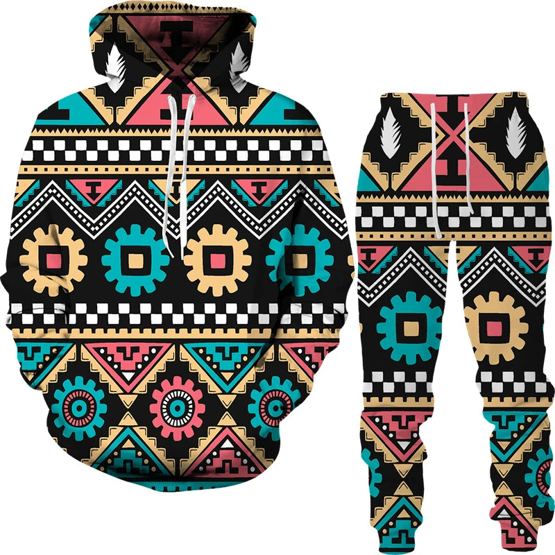 Conjunto “Tribo Urbana” – Hoodie & Calças com Estampa Étnica 3D