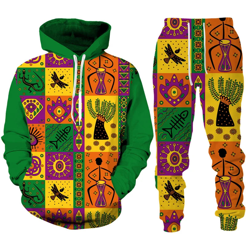 Conjunto “Raízes Vibrantes” – Hoodie & Calças com Estampa Africana Retro
