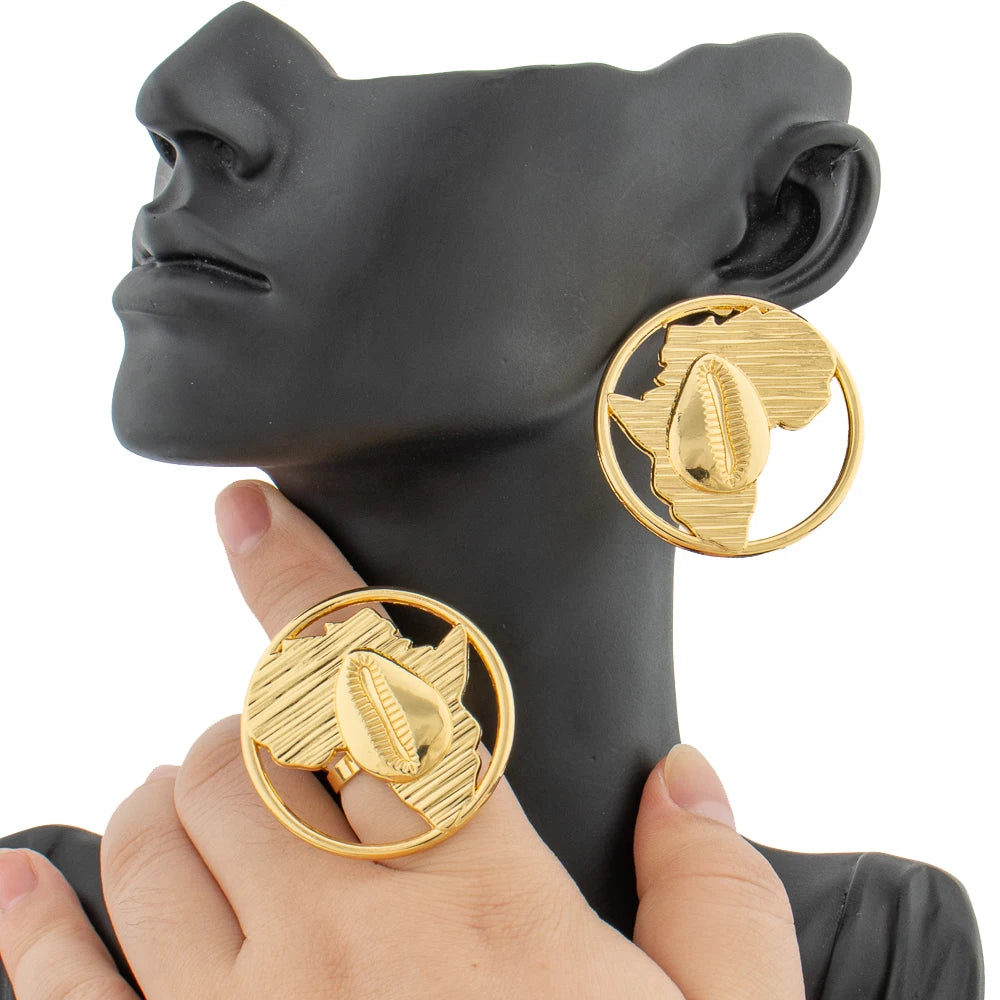 Conjunto Nobreza Africana – Mapa Dourado com Brincos e Anel Ajustável