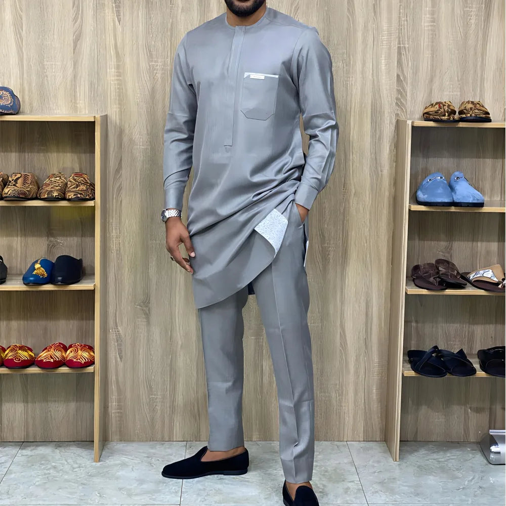 Conjunto Africano Masculino Casual – Camisa e Calças Elegantes para Primavera e Verão