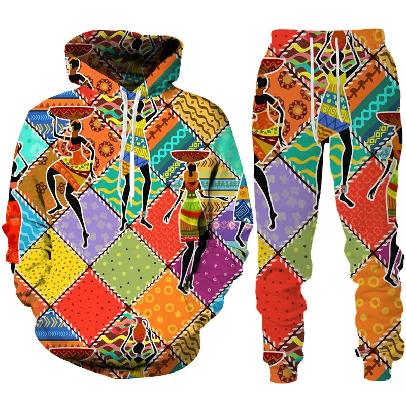 Conjunto “Raízes Vibrantes” – Hoodie & Calças com Estampa Africana Retro