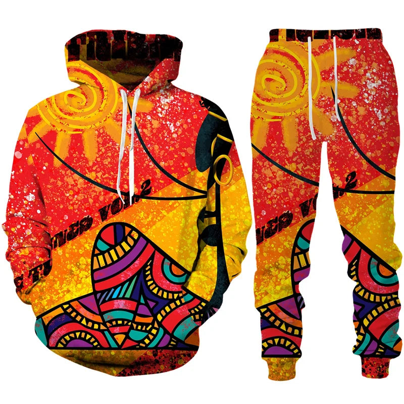 Conjunto “Raízes Vibrantes” – Hoodie & Calças com Estampa Africana Retro