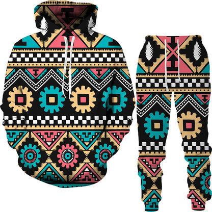 Conjunto “Tribo Urbana” – Hoodie & Calças com Estampa Étnica 3D