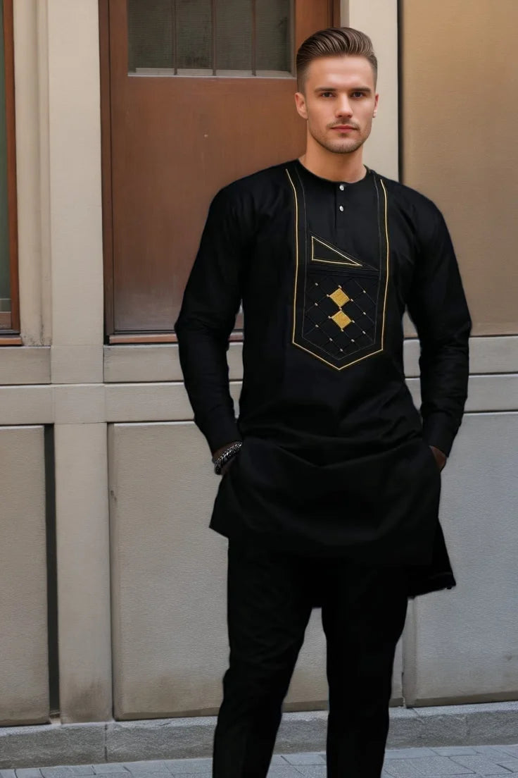 Conjunto Real Kaftan Masculino – Elegância Africana Tradicional (2 Peças)