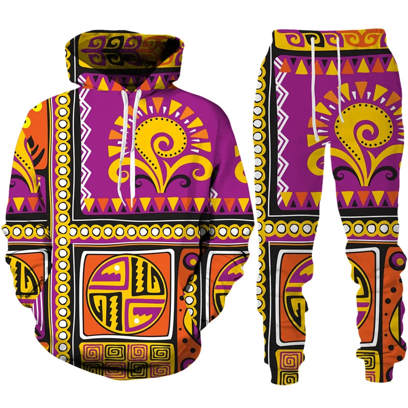 Conjunto “Raízes Vibrantes” – Hoodie & Calças com Estampa Africana Retro
